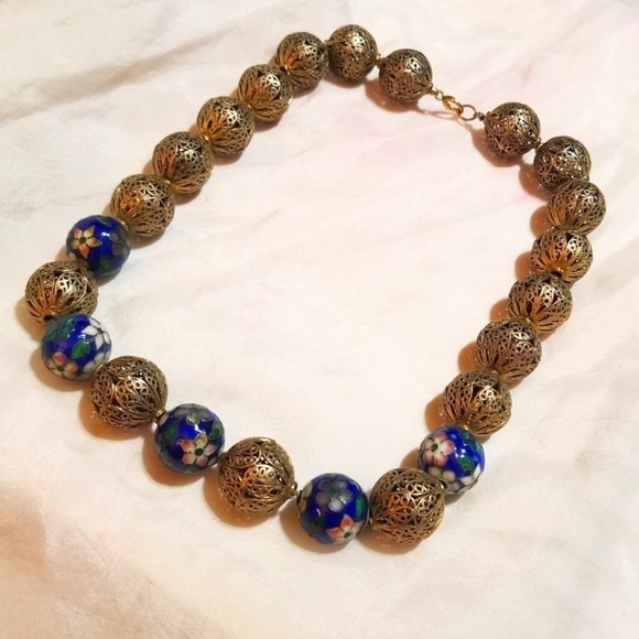 𝅺Antique Chinese Import Cloisonne Filigree Bead Necklace - Picture 5 of 8